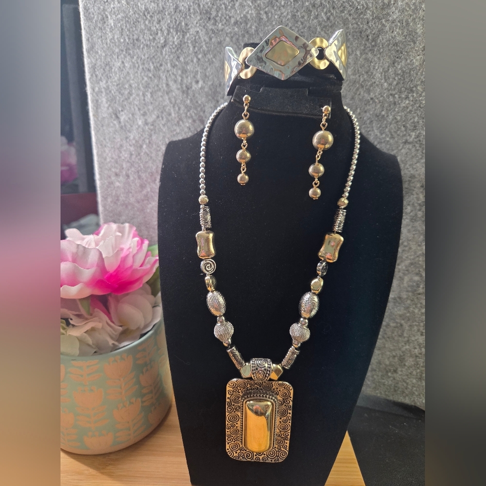 Chico's Two-Tone Gold and Silver Pendant Necklace with Matching Earrings
